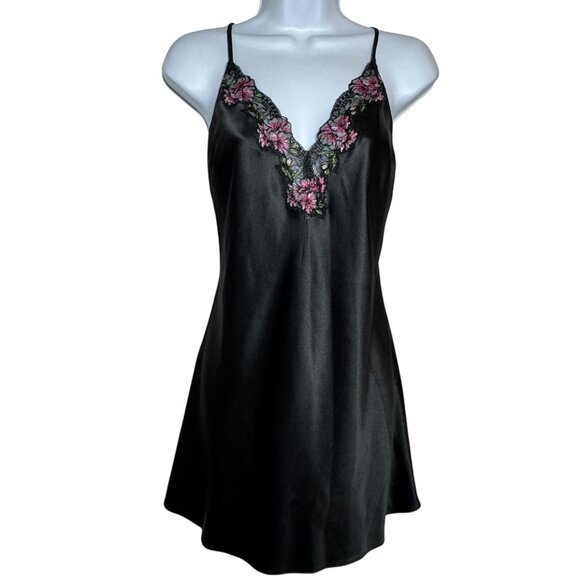 Victorias Secret size XS Black Floral Lace Trim Satin Slip Dress Chemise - Picture 1 of 6